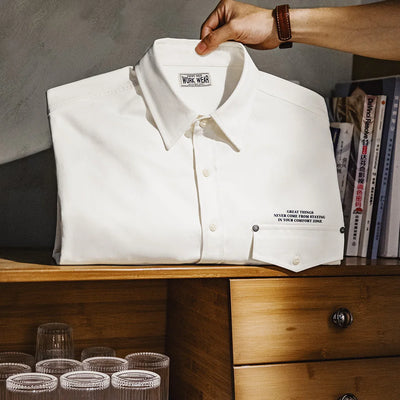 Maden Casual Herringbone Long-Sleeved Shirt with Letter Print Lapel Collar White Blouse for Men's Fall and Winter All-Match Tops