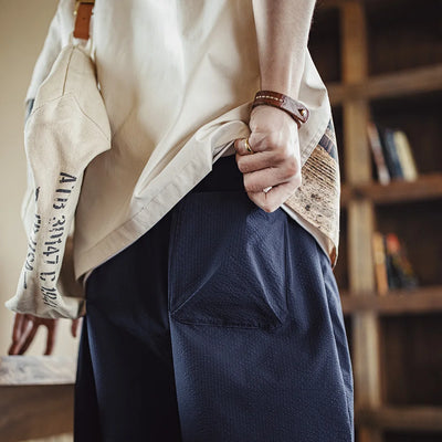 Maden Casual Elastic Waist Seersucker Pants Men's Lightweight Loose Wide Leg Breathable Trousers Navy Blue Versatile Bottoms