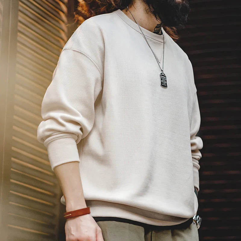 Maden Heavyweight Round Collar Chenille Sweater for Men Spring and Autumn Basic Styles Long-sleeved Pullover Navy Blue T-shirts