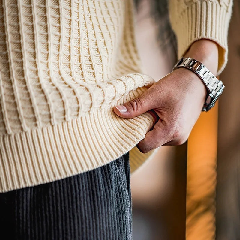 Maden Autumn Waffle Round Neck Knit Sweaters Casual Warm Solid Pullover Classic Fashion Loose Jumper for Men Tops Clothing