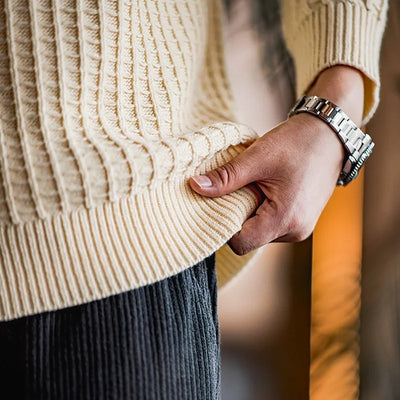 Maden Autumn Waffle Round Neck Knit Sweaters Casual Warm Solid Pullover Classic Fashion Loose Jumper for Men Tops Clothing