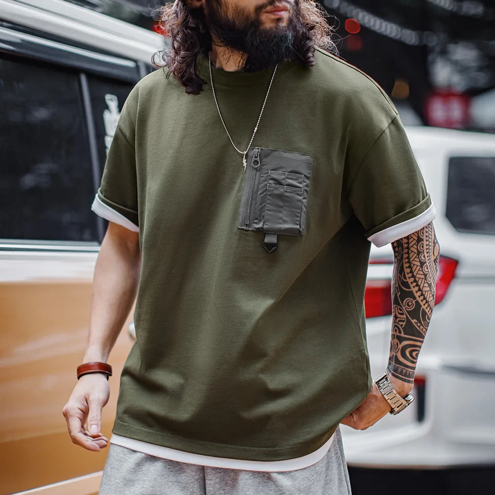 Maden Vintage Style Green Pocket Tee Men's Summer Heavyweight Cotton Knit Short Sleeve Shirt Outdoor Casual Crew Neck T-Shirt