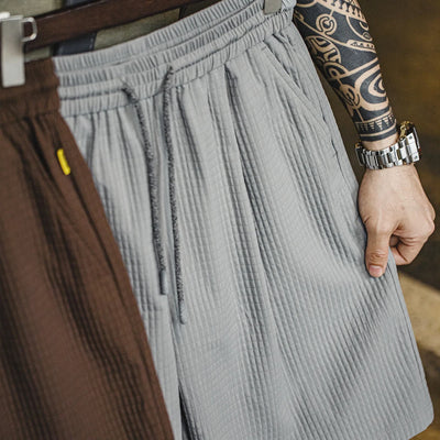 Maden Men's Summer Shorts Wrinkle-Resistant 3D Grid Pattern Straight-Fit Bermuda Shorts with Elastic Waist Short Pants
