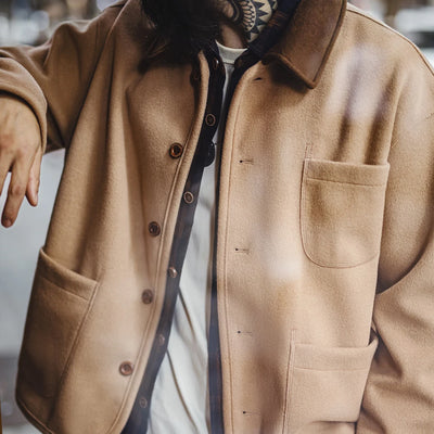 Maden Vintage Heavyweight Woolen Jacket with Contrasting Lapel Loose Fit Warm Outerwear Versatile Coat for Men's Fall and Winter