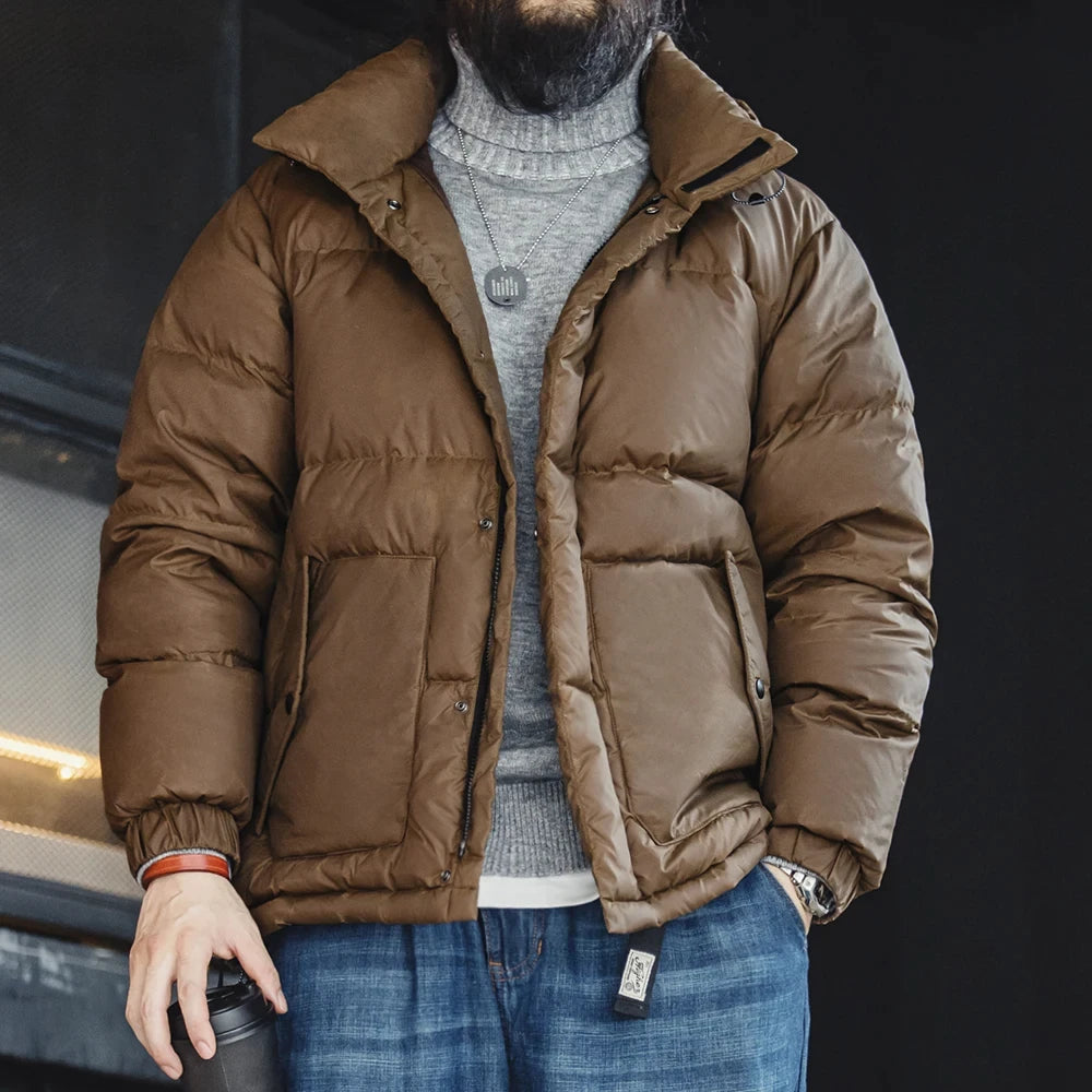 Maden Winter Wax Surface Down Jacket for Men Removable Hooded Thickened Warm Stand-up Collar Coat Men's Padded Outer Clothing
