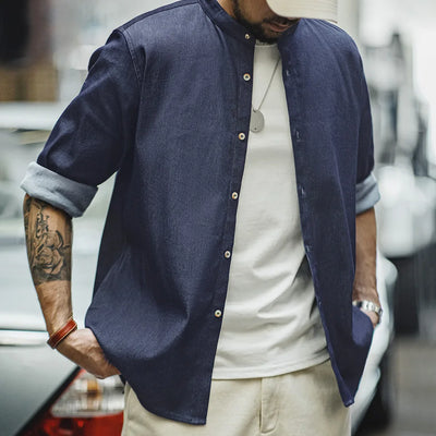 Maden Retro Cool Ice Silk Denim Shirt with Washed Round Neck Casual Solid Color Long-sleeved Shirt for Men's Autumn