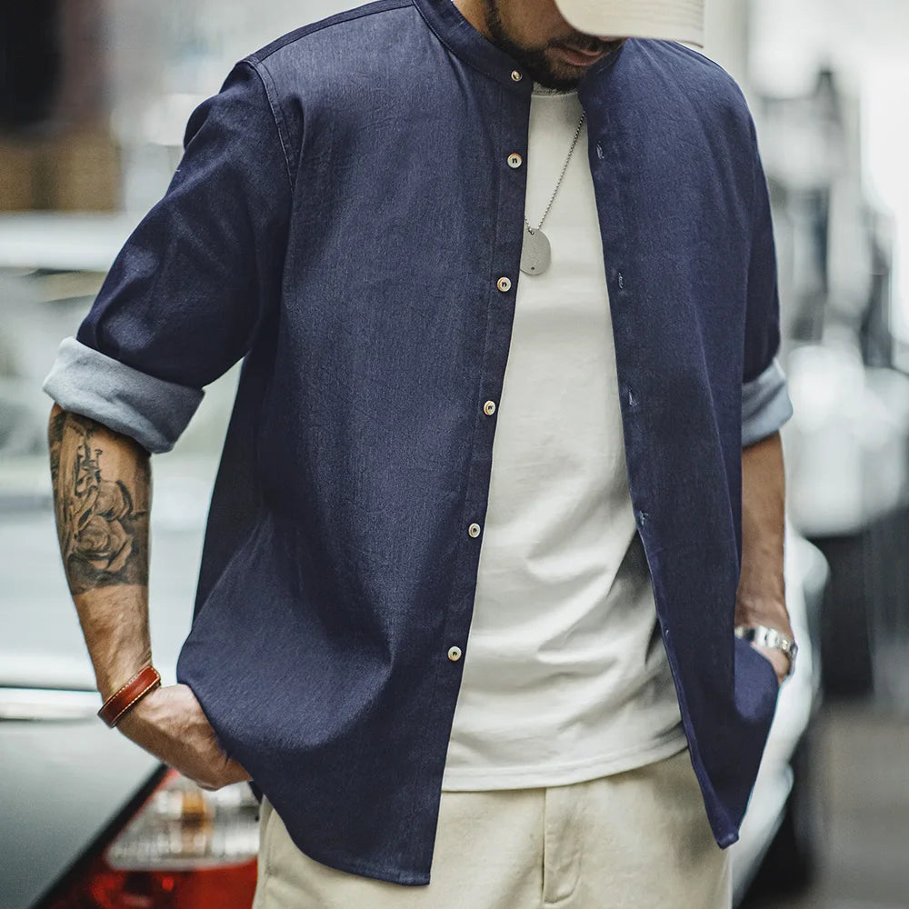 Maden Retro Cool Ice Silk Denim Shirt with Washed Round Neck Casual Solid Color Long-sleeved Shirt for Men's Autumn