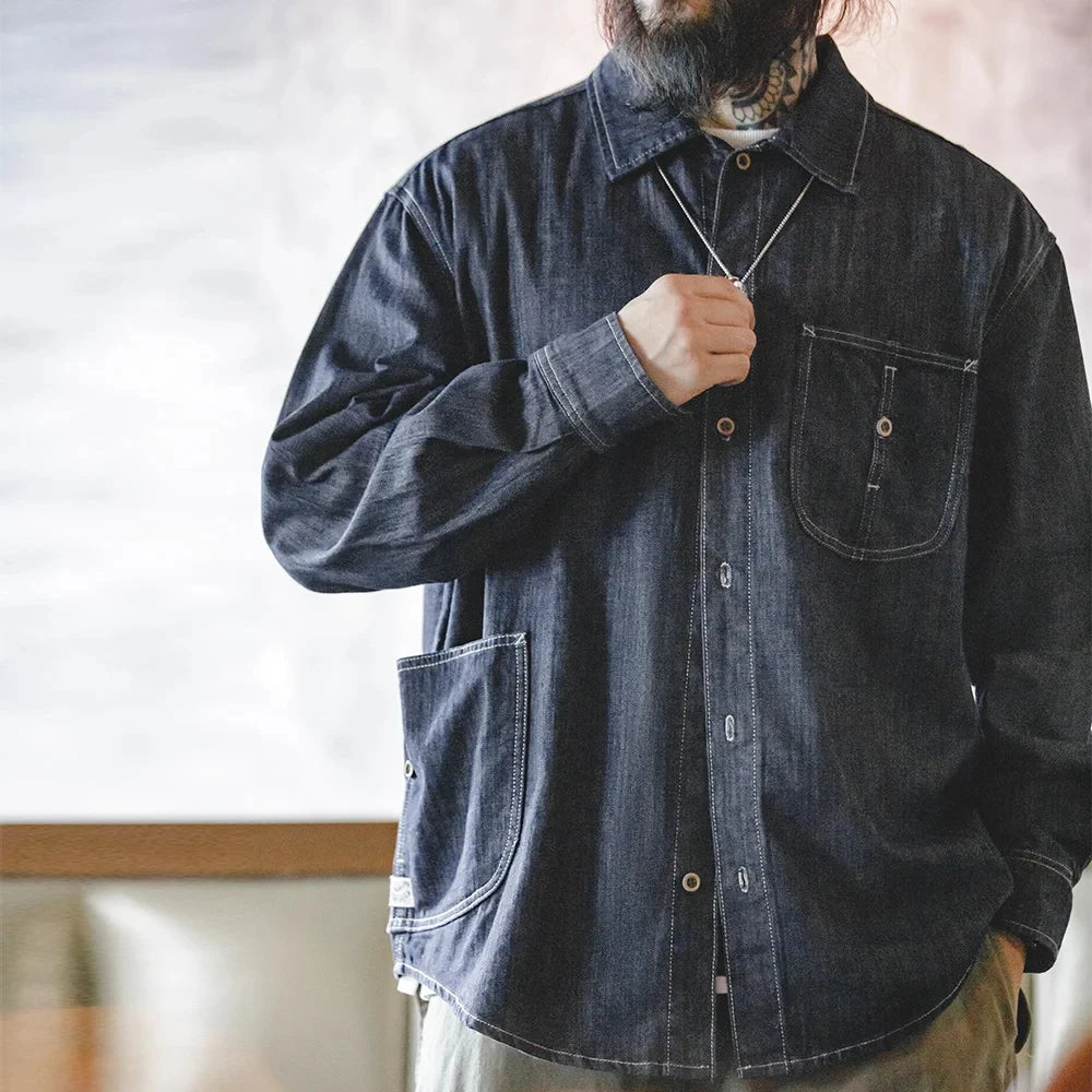 Maden Vintage Washed Denim Long-sleeved Shirt with Large Pocket Single-breasted Loose Lapel Blouses for Men's Autumn Tops