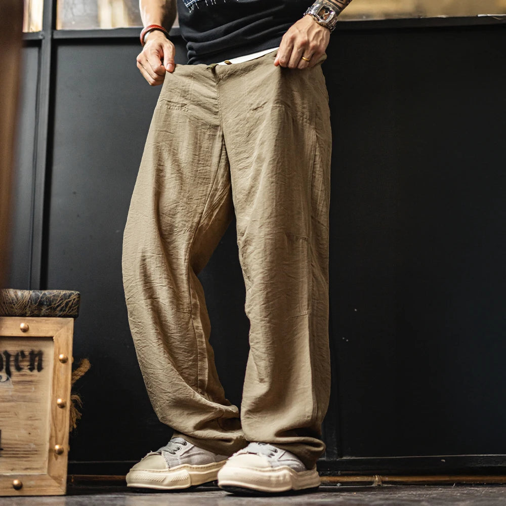 Maden Men's Vintage Chino Pants Lightweight Linen-Blend Trousers with Elastic Waist Casual Khaki Baker Pants for Summer and Fall