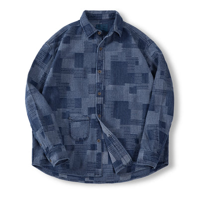 Maden Retro Boro Cloth Denim Shirts with Lapel Collar Patchwork Design Long-sleeved Shirt for Men's Spring and Autumn Tops