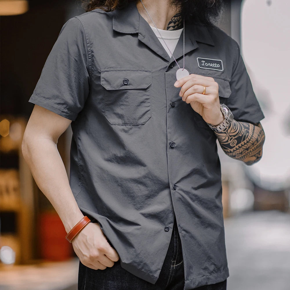Maden Retro Toretto Short-sleeved Shirt Dark Gray Embroidered Design Lapel Thin Solid Shirt for Men's Summer Tops