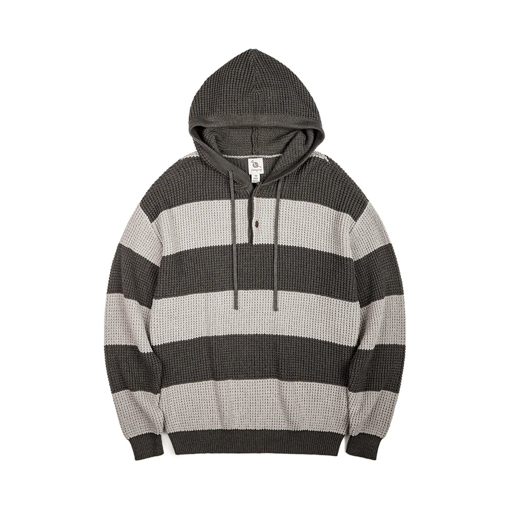 Maden Casual Striped Knit Hoodie for Men's Loose Pullover Sweater with Wooden Button Collegiate Style for Fall and Winter Tops