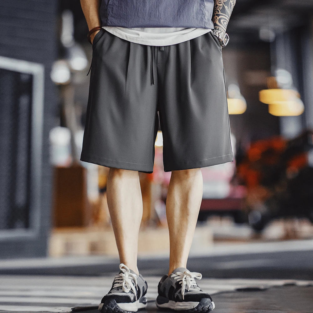 Maden Casual Easypants Shorts No-ironing Anti-wrinkle Drape Loose Straight with Elastic Waist Five-quarter Pants for Men