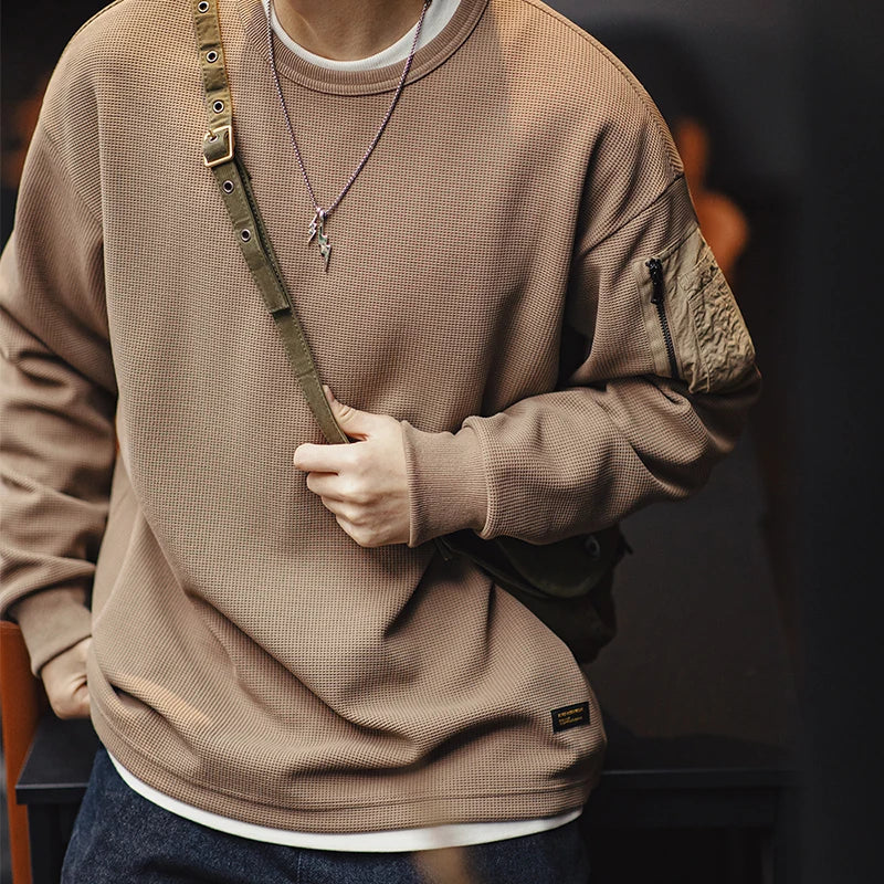 Maden Workwear Mountain Outdoor MA1 Waffle Sweatshirt Functional Wind Drape Versatile Round Neck Long-sleeved T-shirt Men