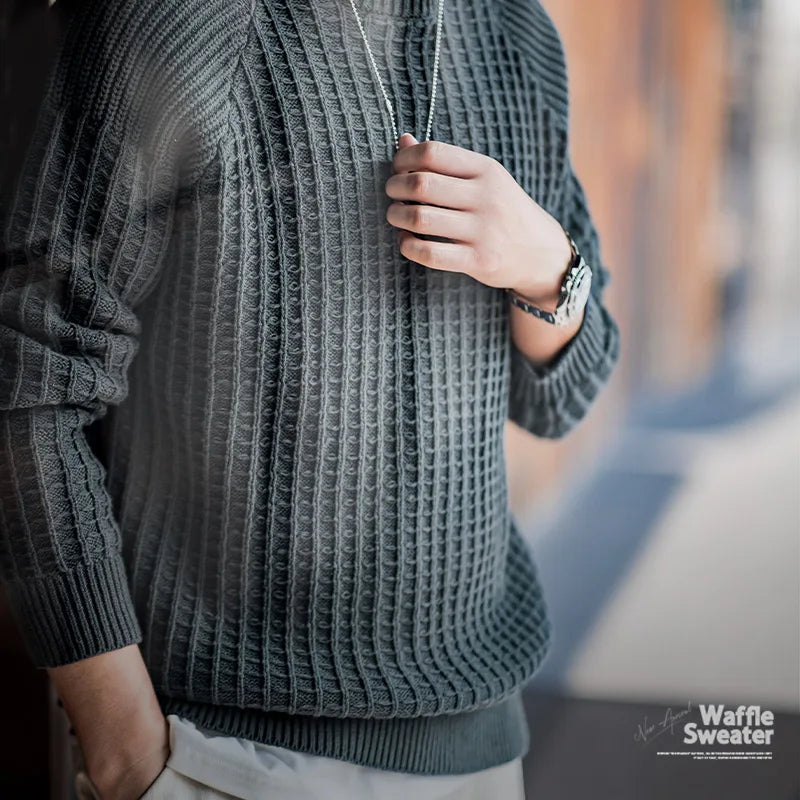 Maden Autumn Waffle Round Neck Knit Sweaters Casual Warm Solid Pullover Classic Fashion Loose Jumper for Men Tops Clothing