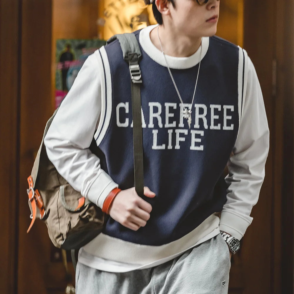 Maden Round-neck Casual Knitted Vest for Men Academy Style Spring and Autumn Streetwear Sleeveless Vest Letter Printed Pullover