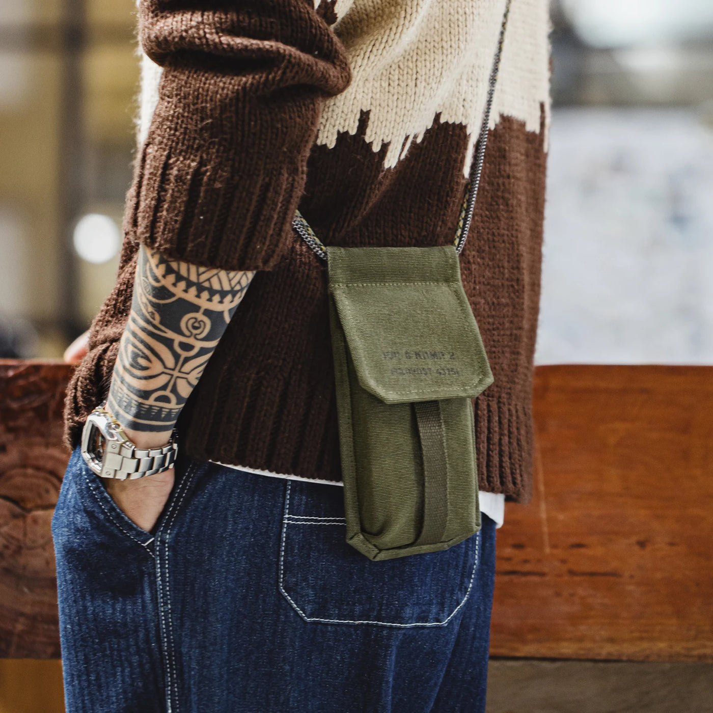 Maden Men's Vintage M-16 Military Green Mini Bag Crossbody Bags Casual Phone Bag Detachable Coin Purse for Men and Women