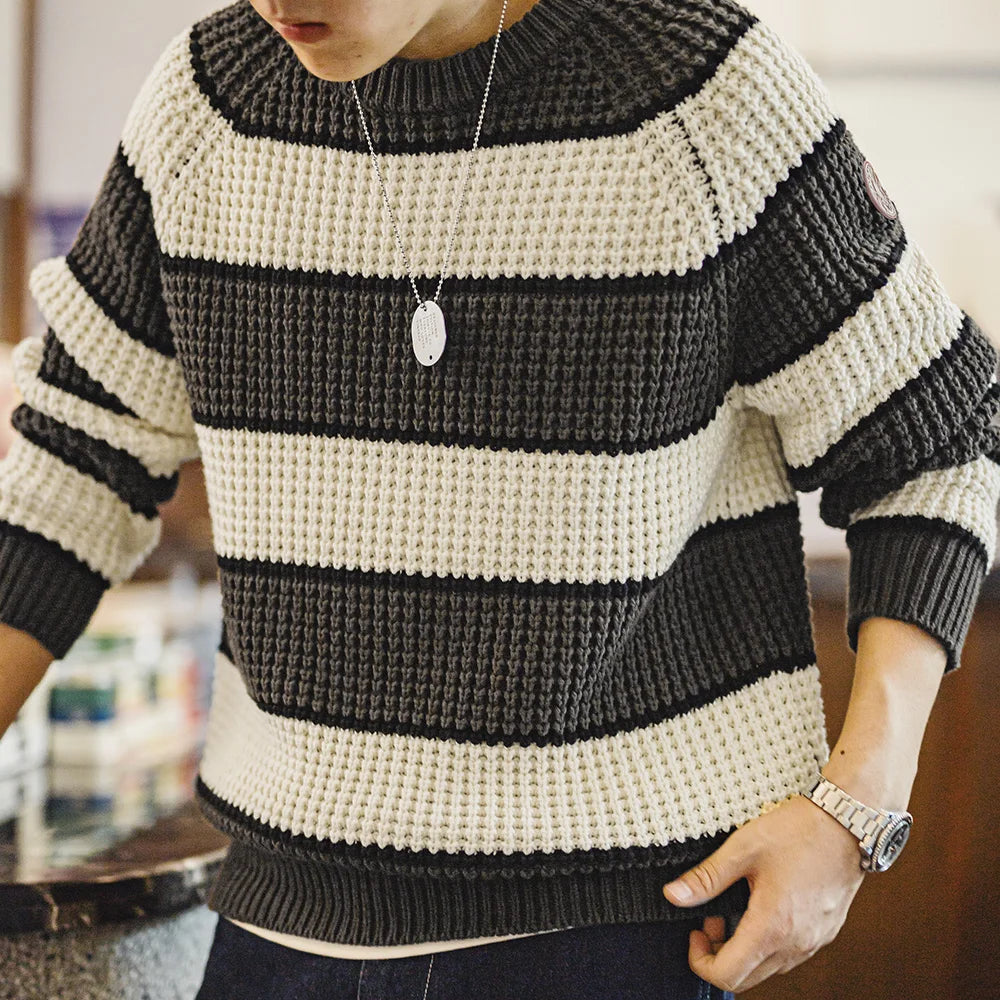 Maden Retro Striped Knitted Sweater with Round Neck Versatile Pullover for Men's Autumn and Winter Warm Knitted Casual Tops