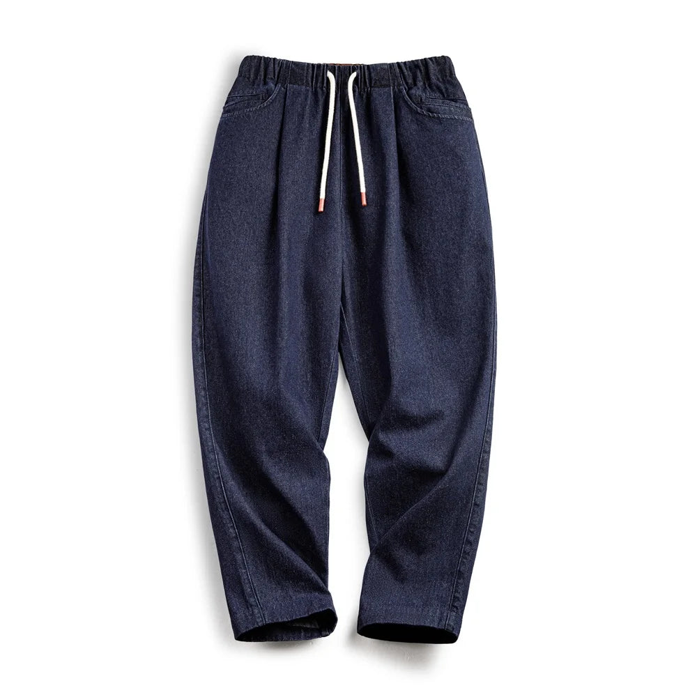 Maden Casual 10oz Jogger Denim Jeans with Elastic Waist Drawstring Washed Straight Trousers for Men's Spring and Autumn