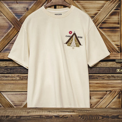 Maden Vintage Embroidered Patchwork Short Sleeves T-Shirt Men's Heavyweight Loose Cotton Tee Ribbed Crew Neck Retro Casual Tops