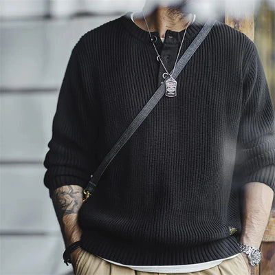 Maden Workwear American Retro Black Knitted Henley Shirt Vertical Stripe Pullover Sweater for Men Autumn and Winter