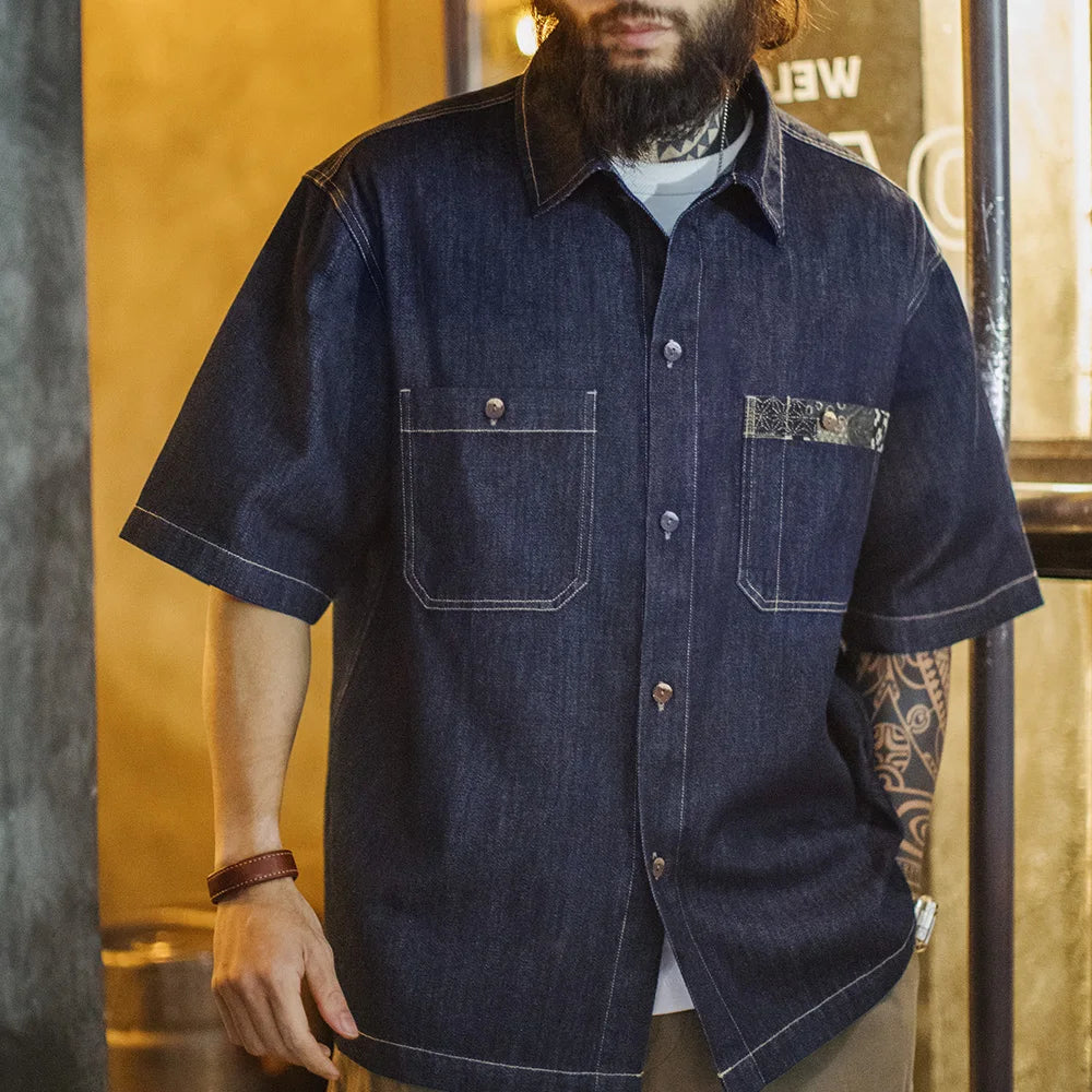Maden Retro Boro Denim Short Sleeve Shirt Men Summer Indigo Dyed Lapel Single Breasted Casual Overshirt Street Outfits Blouse