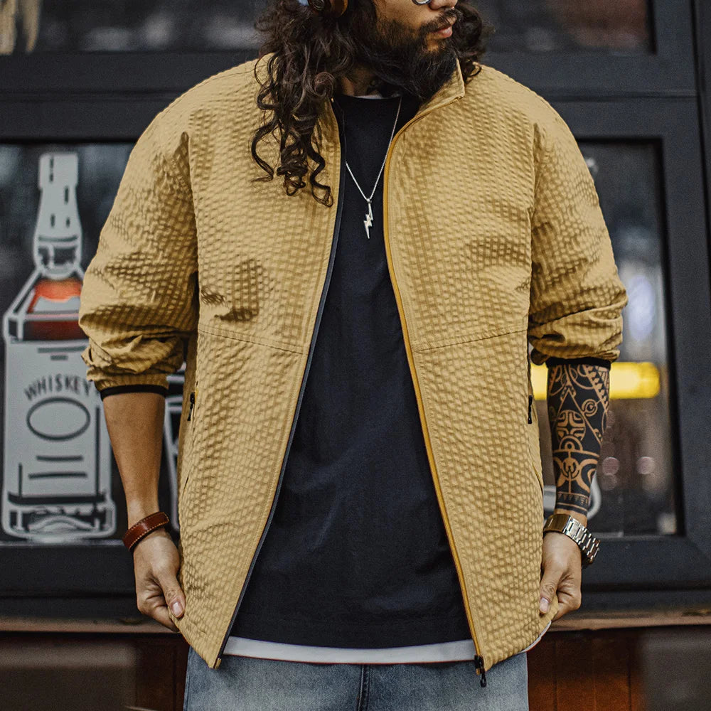 Maden Casual Outdoor Checkered Jacket Men's Spring Summer Breathable Windproof Stand Collar Yellow Zip-Up Versatile Outerwear