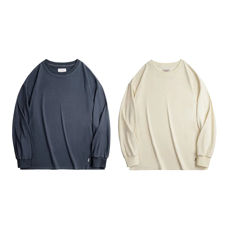 Maden Men's Warm Double-Sided Brushed Fleece Long-Sleeve T-Shirt Basic Loose Fit with Classic Ribbed Crew Neck Tops for Autumn