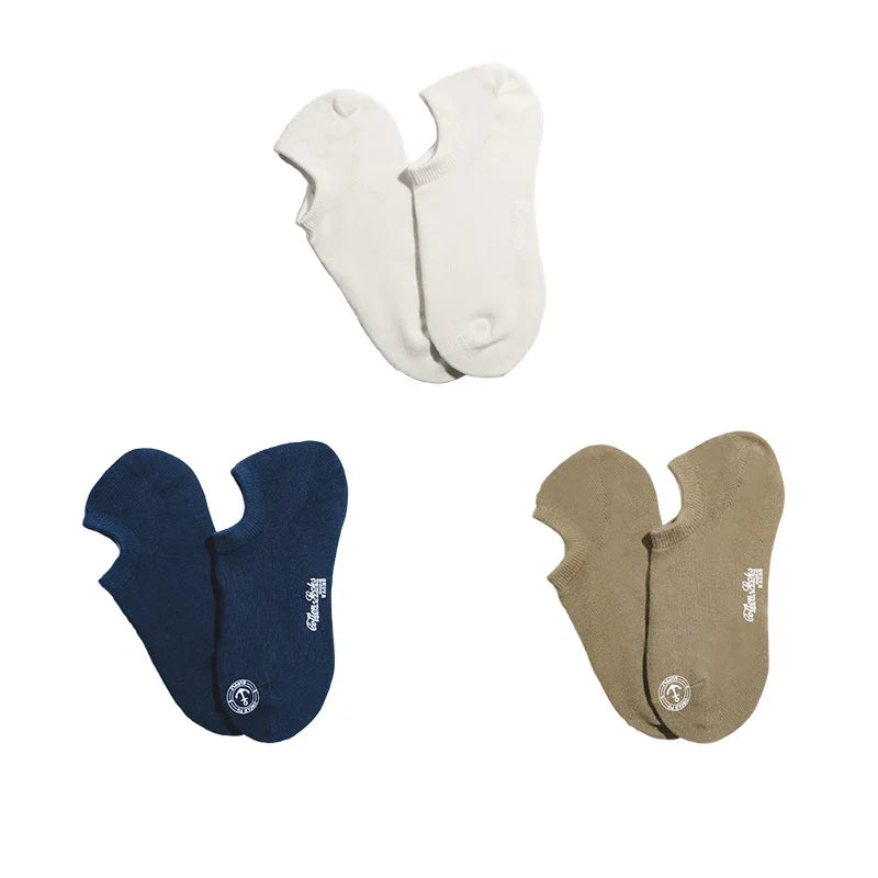 Maden Men’s 3 Pack Pair Summer Cotton Socks Boat Non-Slip Silicone Invisible Boat Socks Ankle Socks White Khaki Blue