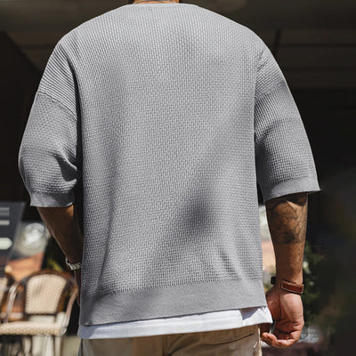 Maden Vintage Boro Style Short Sleeve Henley Shirt Men's Summer Gray Loose Fit Tee Knit Casual Street Versatile Ribbed Hem Tops