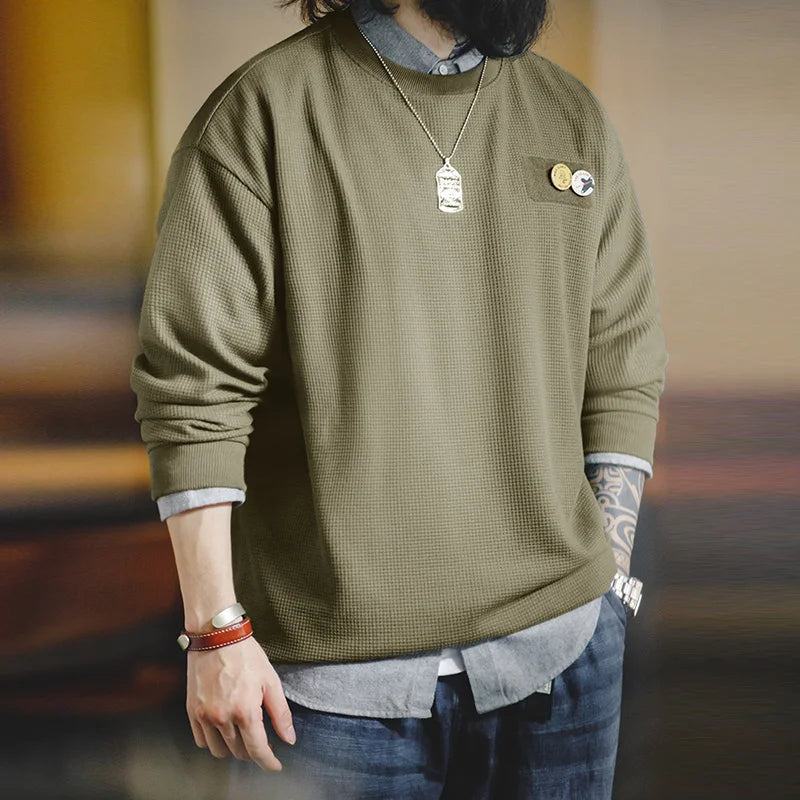 Maden Drop Shoulder Sleeve Waffle T-shirts for Men Casual Round Collar Versatile Layering Sweatshirt Male Long-sleeved Tees
