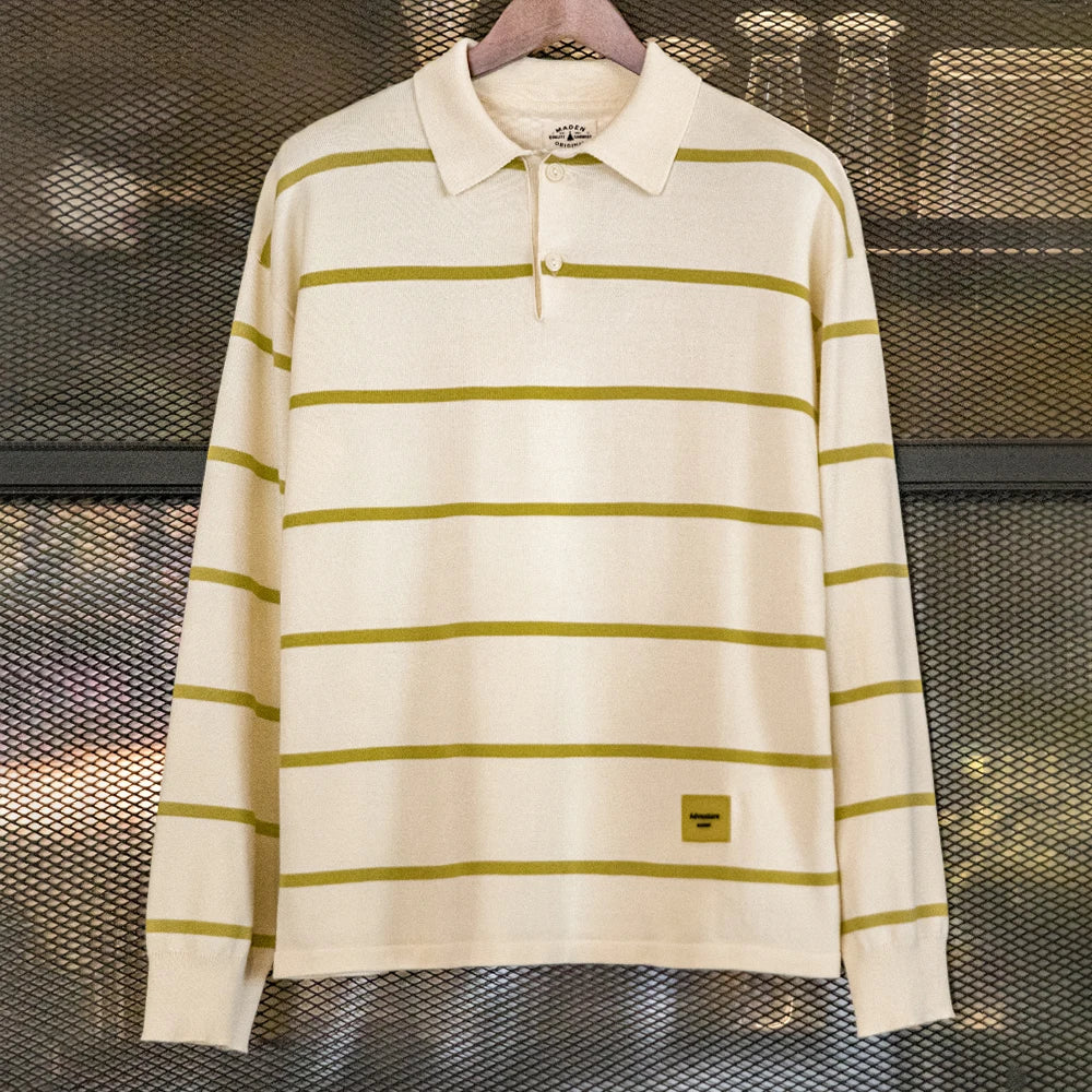 Maden Casual Striped Knitted Polo Shirt Contrast Color Turn-down Collar Half-open Placket Loose Fit Long-sleeved T-shirt for Men