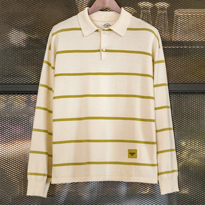 Maden Casual Striped Knitted Polo Shirt Contrast Color Turn-down Collar Half-open Placket Loose Fit Long-sleeved T-shirt for Men