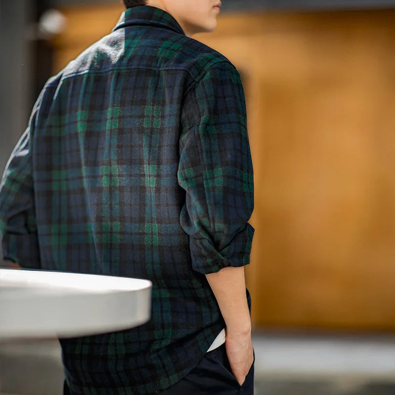Traff Camisa de Lana a Cuadros Azul Verde Retro Americana