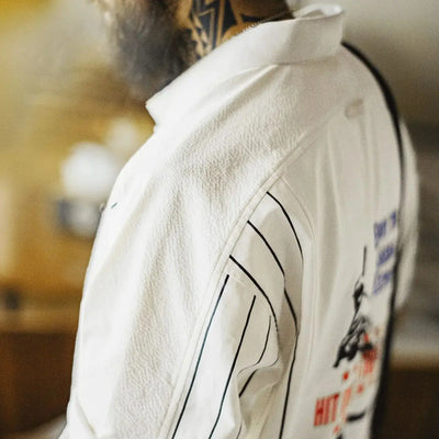 Maden Vintage Men's Baseball Print Polo Letter Embroidered Long Sleeve Shirt Cotton Beige Pullover for Spring and Fall Hoodie