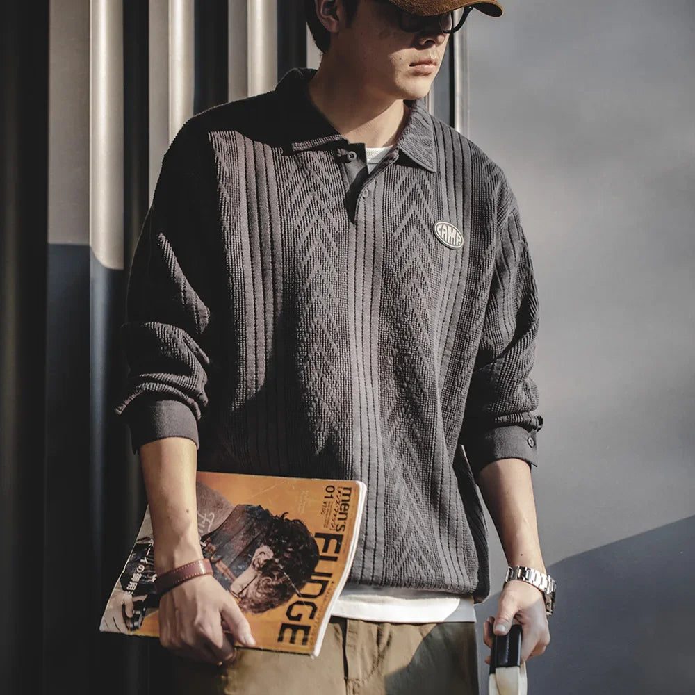 Maden Casual Jacquard Polo Sweaters Men's Texture-Rich Knit Pullover Dark Gray Jumper Amekaji Workwear Winter Christmas Jersey