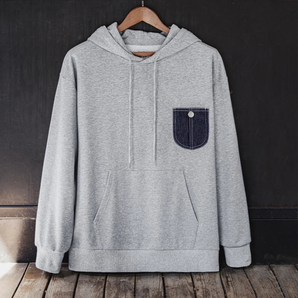 Maden Casual Denim Pocket-Spliced Hooded Sweatshirt Cleanfit Long-Sleeved Sports Top for Men Spring and Fall Versatile Pullover