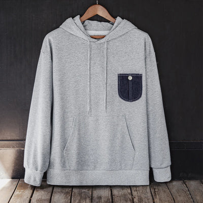Maden Casual Denim Pocket-Spliced Hooded Sweatshirt Cleanfit Long-Sleeved Sports Top for Men Spring and Fall Versatile Pullover