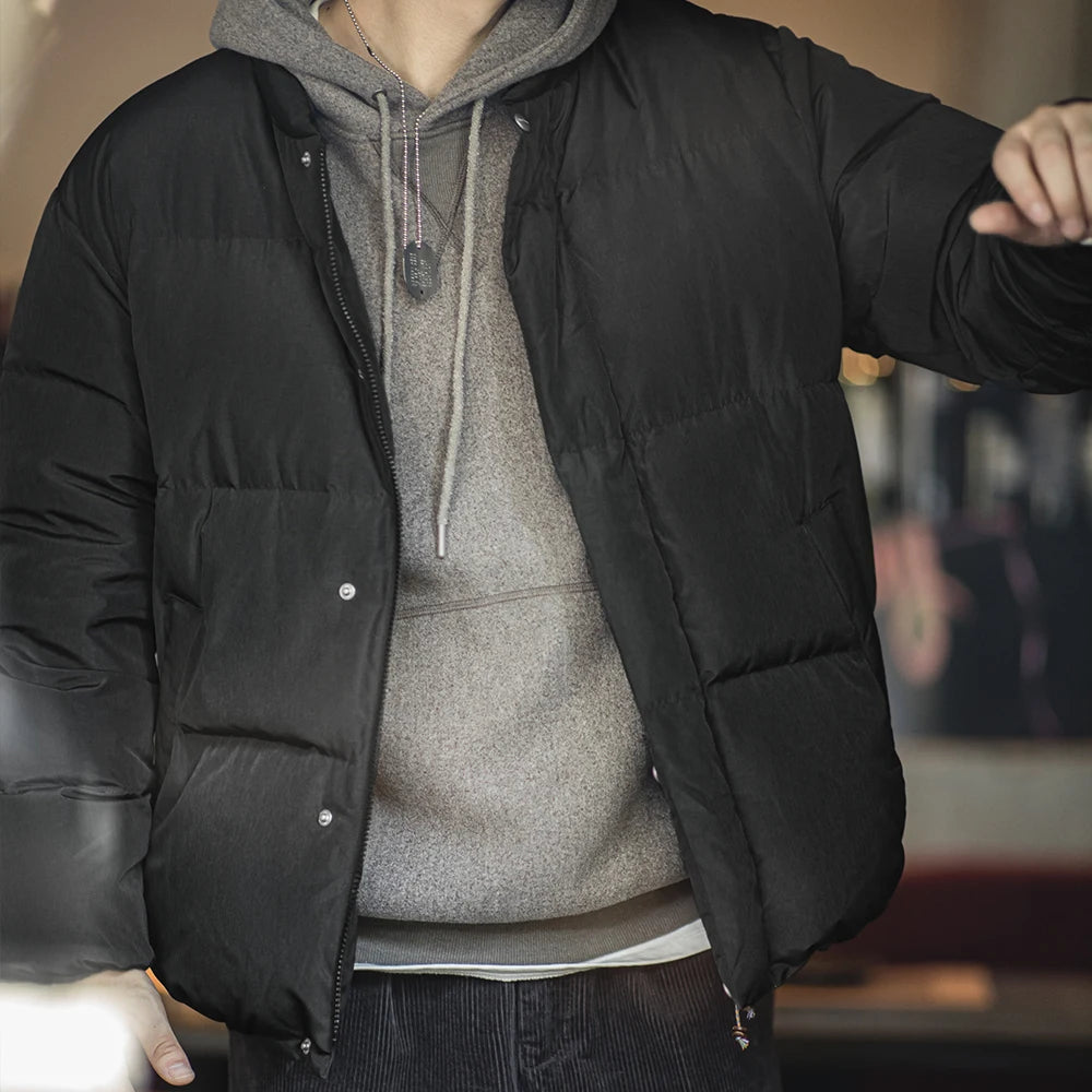 Maden Casual Stand-up Collar Down Jacket 90% White Duck Down Warm Loose Fit Versatile Solid Color Outerwear for Men Winter Coat