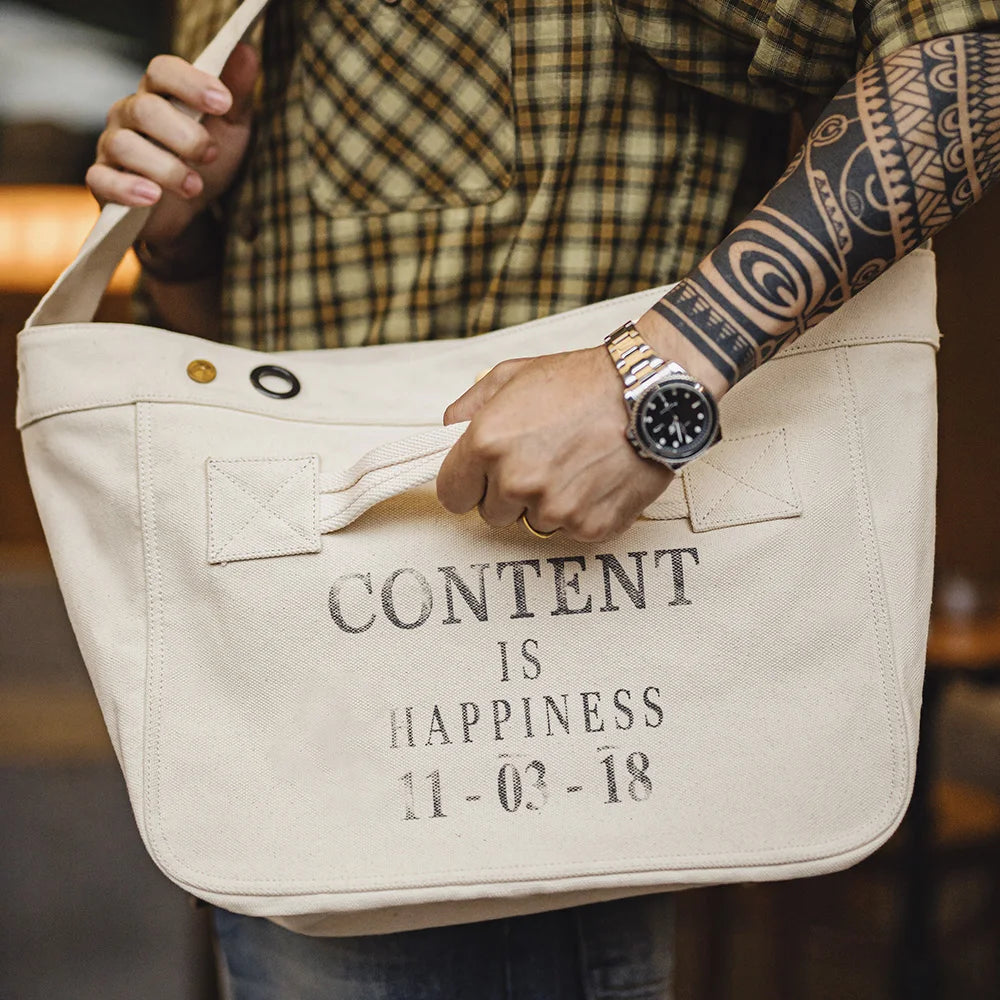 Maden Vintage Motorcycle Newsboy Bag Large-Capacity Canvas Messenger Bag with Printed Letters Versatile Crossbody Bags for Men