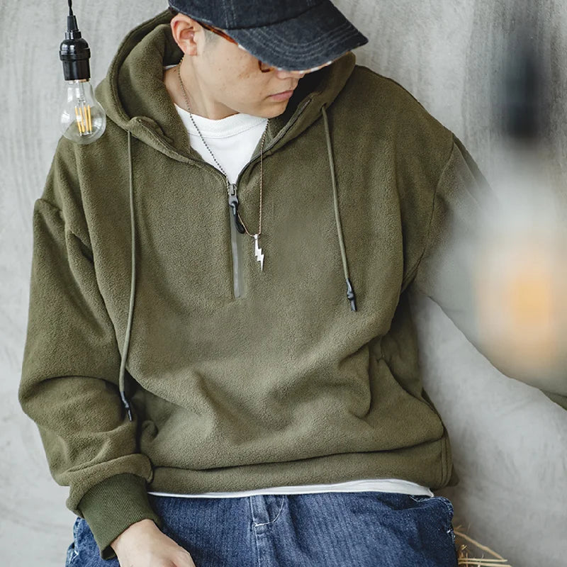 Maden Double-sided Polar Fleece Sweatshirt for Men Thickened Warm Hoodies  Autumn and Winter Solid Color Straight-fit Outerwear