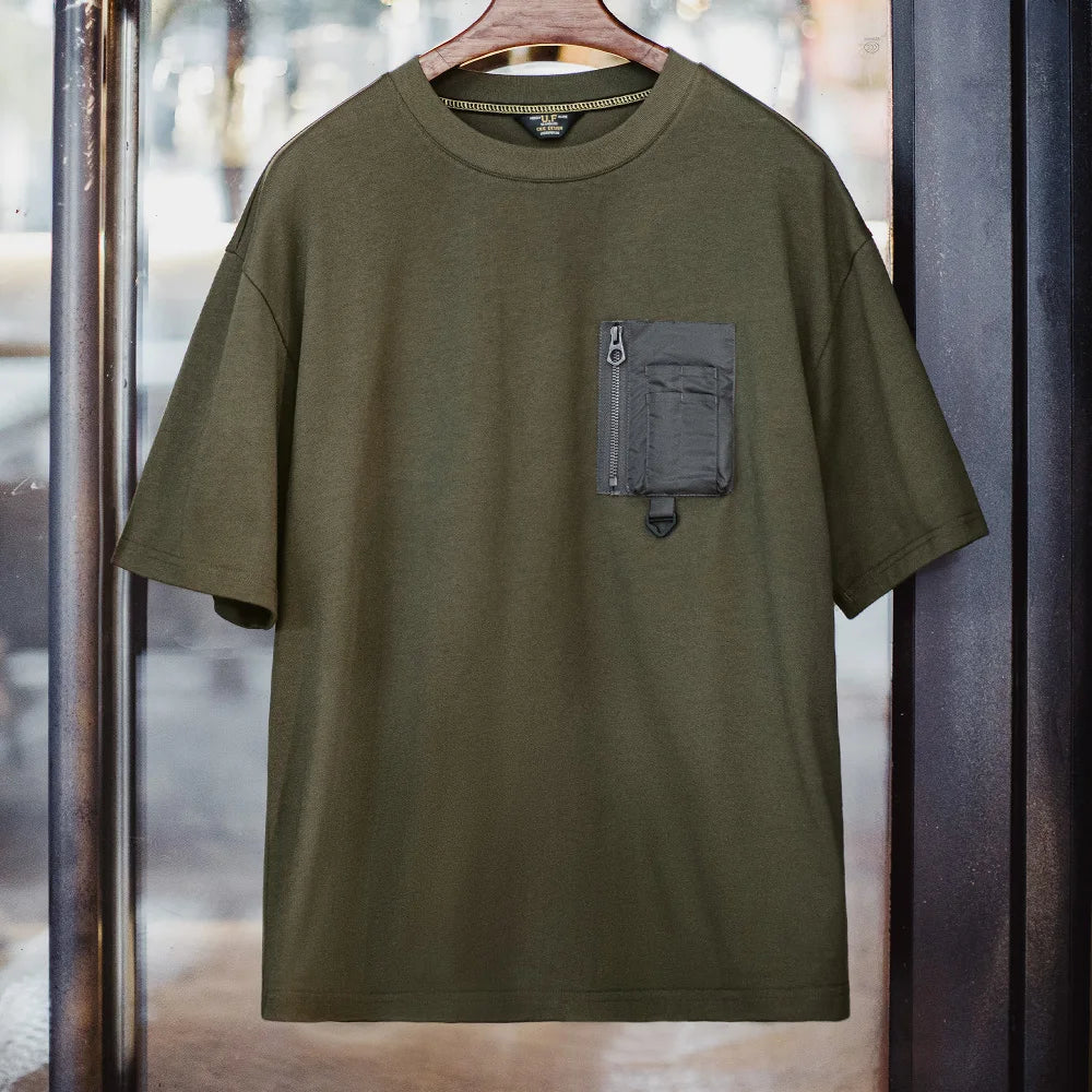 Maden Vintage Style Green Pocket Tee Men's Summer Heavyweight Cotton Knit Short Sleeve Shirt Outdoor Casual Crew Neck T-Shirt