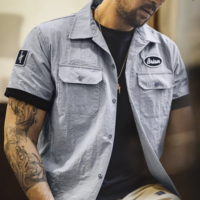 Maden Vintage Short Sleeve Cuban Collar Shirt Men's Summer Gray Printed Single-breasted Lightweight Blouse Casual Street Tops