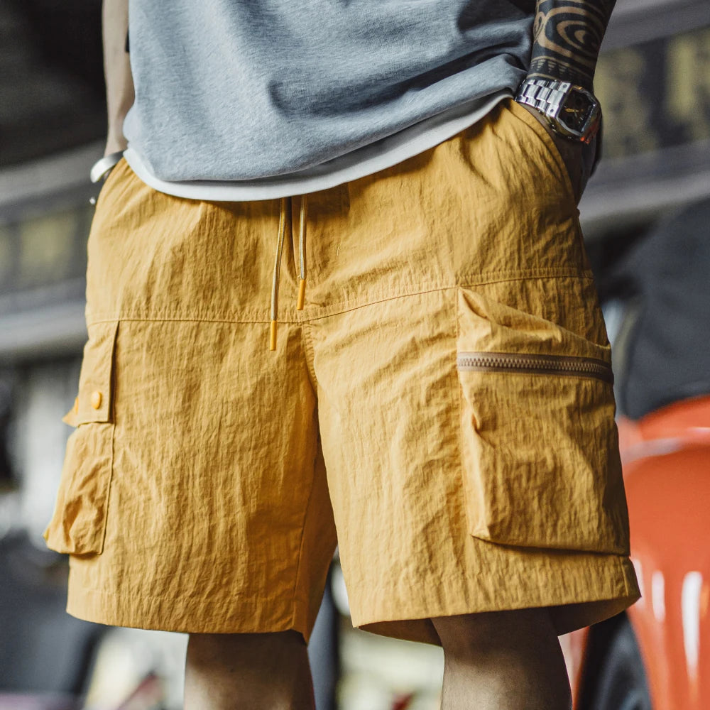 Maden Outdoor Yellow Cargo Shorts Men's Summer Quick-Dry Lightweight Sports Shorts with Drawstring Waist Multi-Pocket Bottoms