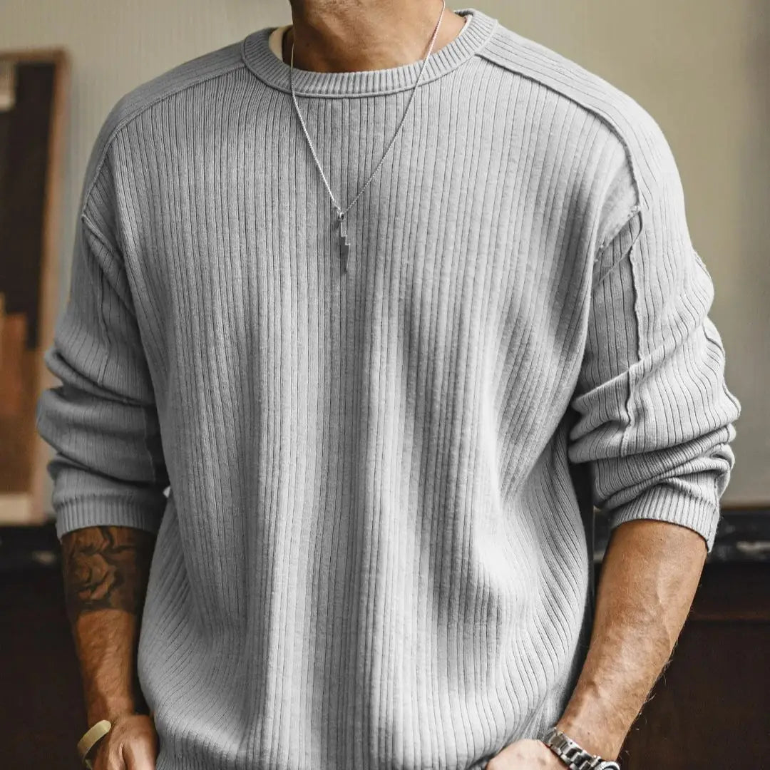 Maden Men's Vintage Striped Cotton Knitted Sweater Gray Long Sleeve Patchwork Pullover Casual Knitwear Tops for Fall Spring