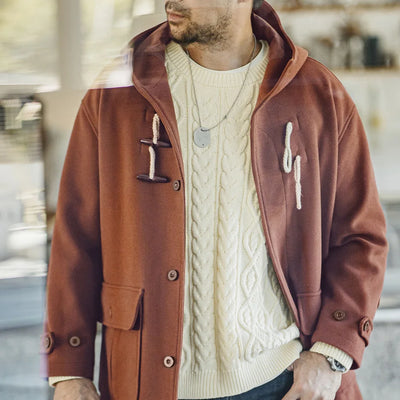 Maden Unisex Retro Horn Button Hooded Coat College Style Loose Long-length Warm Solid-color Outerwear for Fall and Winter