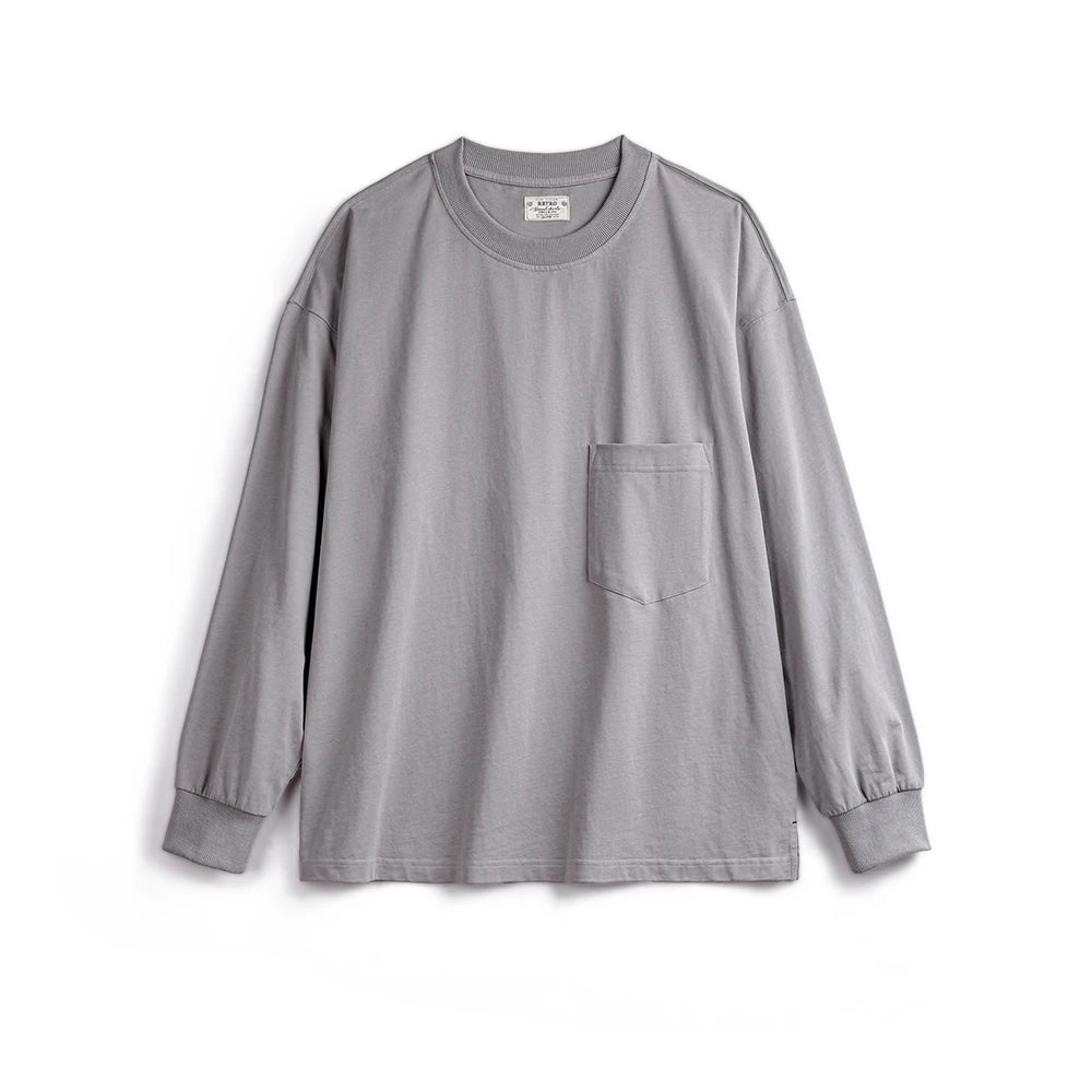 Maden Casual Solid Color with Pocket Design Long-sleeved T-shirt Round Neck Cityboy Loose Cotton Inner Layering Shirt for Men