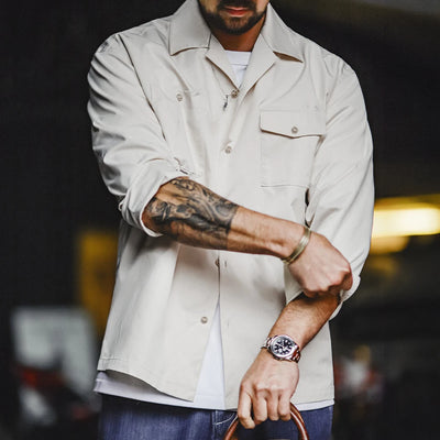 Maden Men's Vintage Printed Long Sleeve Shirt White Cuban Collar Single Breasted Blouse Loose Fit Shirt for Spring and Fall Tops