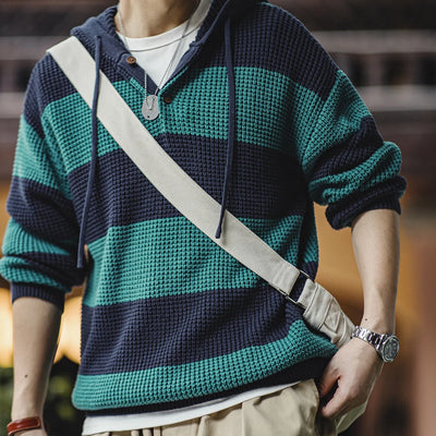 Maden Casual Striped Knit Hoodie for Men's Loose Pullover Sweater with Wooden Button Collegiate Style for Fall and Winter Tops