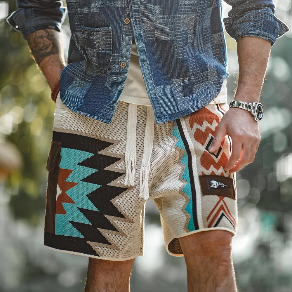 Maden Navajo Totem Knitted Shorts Men's  Elastic Waist Casual Shorts with Corduroy Pocket Summer Beach Breathable Short Pants